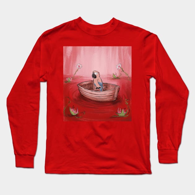 AI generated floral lake parrot on boat Long Sleeve T-Shirt by Catbrat